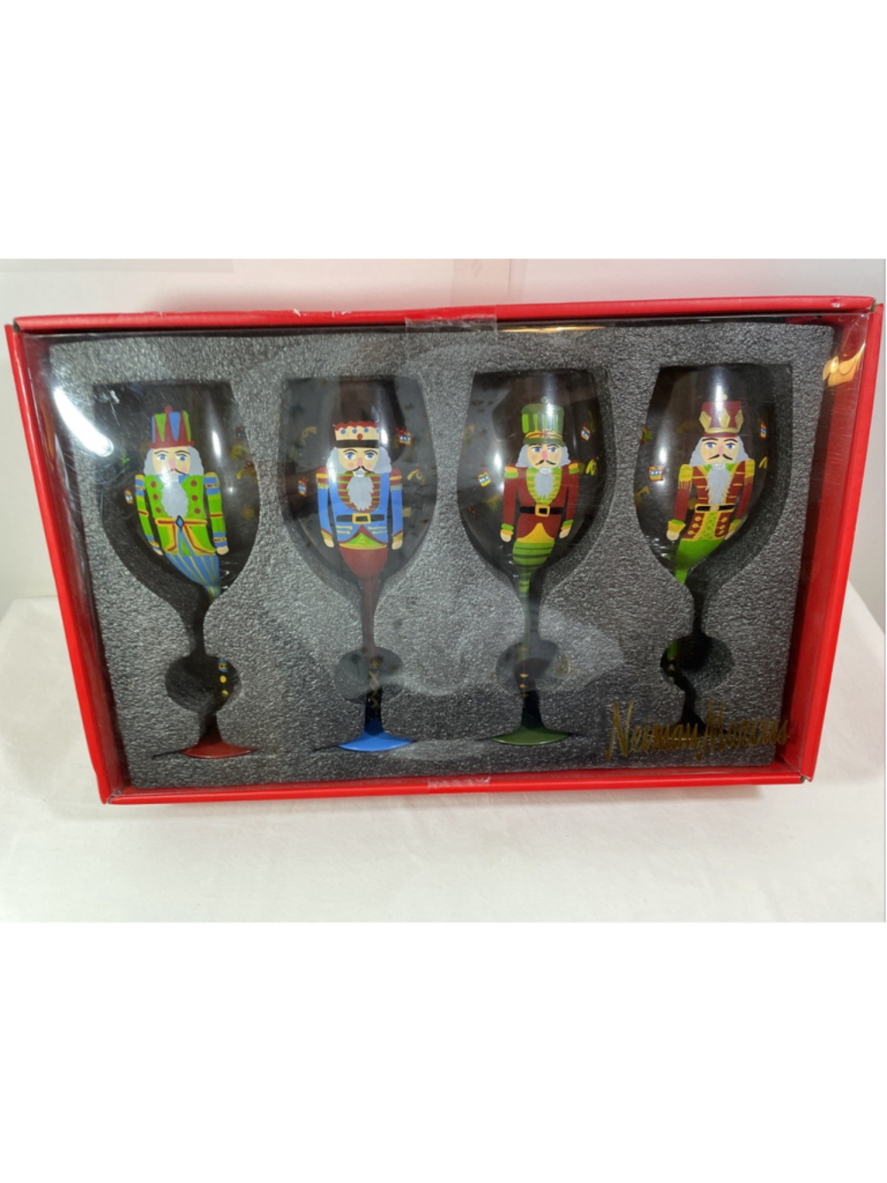 NIB Neiman Marcus Hand Painted Nutcracker Wine Glasses Set of 4 Christmas 9 inch